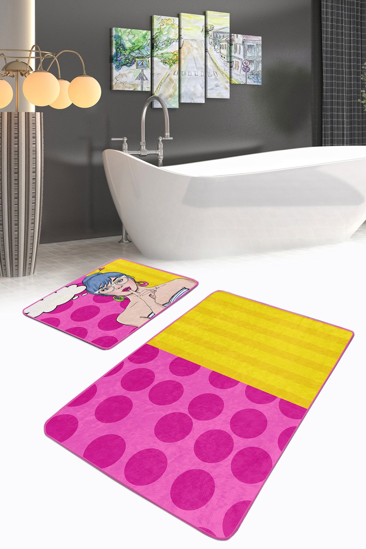 Pembe Sarı Pop-Art Motifli 2'li Kaymaz Tabanlı Banyo & Mutfak Paspas Takımı Realhomes