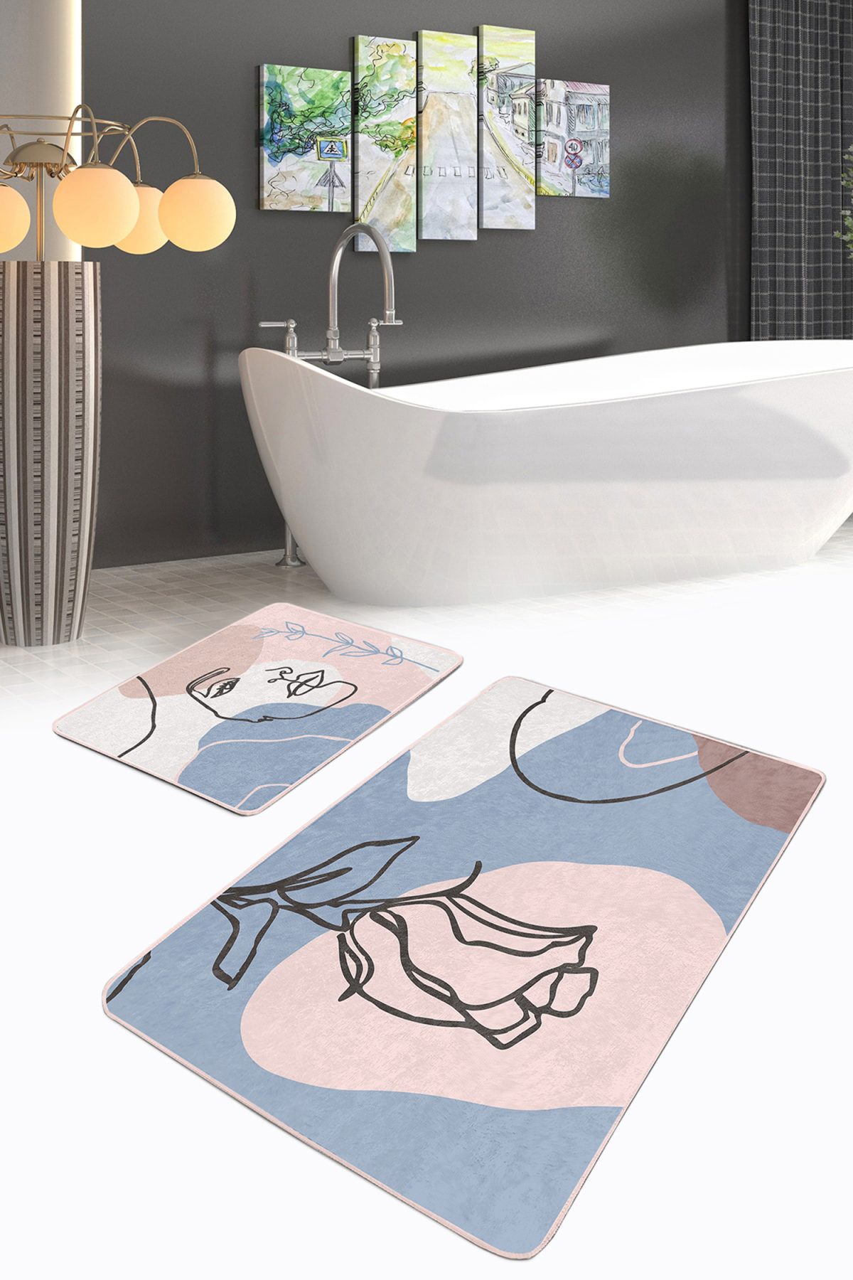 Soyut Renkli Bohem Dijital Baskılı 2'li Kaymaz Tabanlı Banyo & Mutfak Paspas Takımı Realhomes