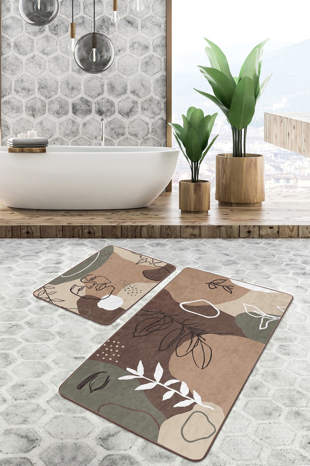 Kahverengi Bohem Çizimli Özel Tasarım 2'li Kaymaz Tabanlı Banyo & Mutfak Paspas Takımı Realhomes