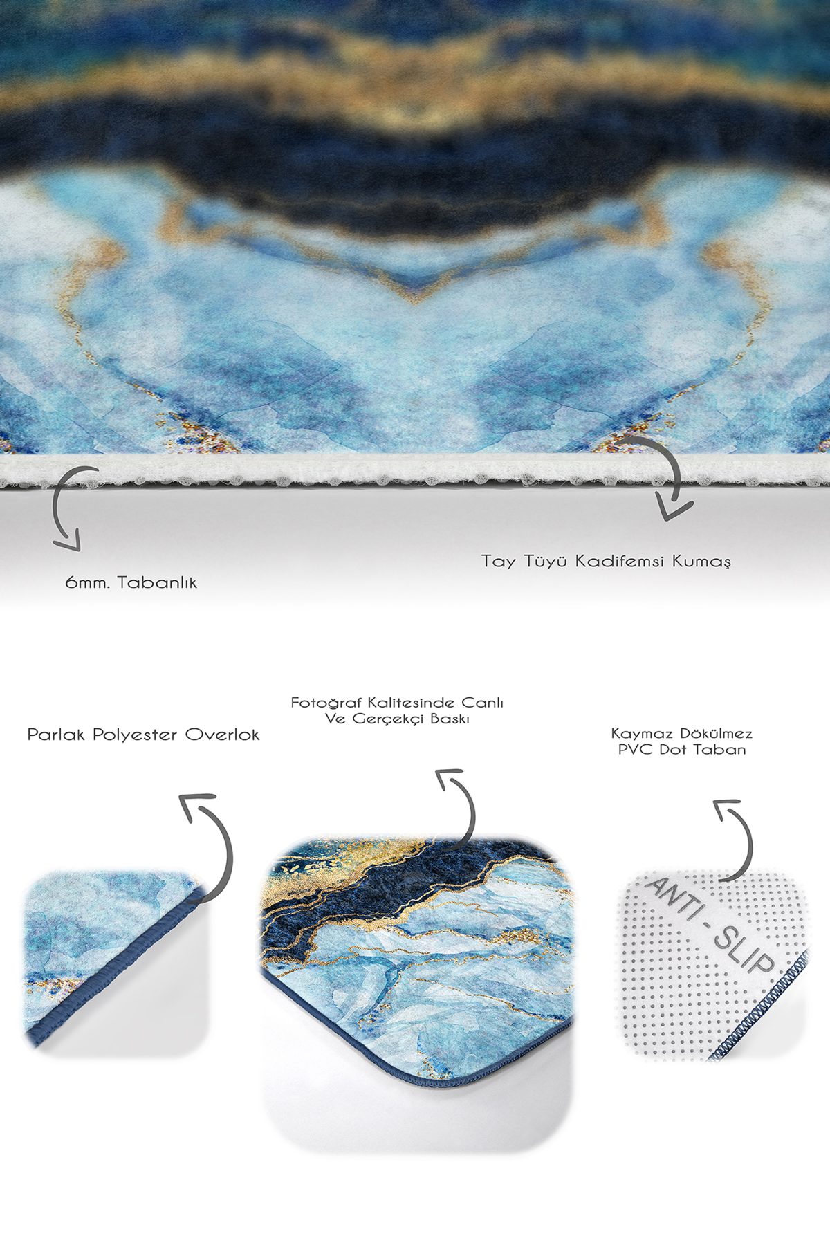 Mavi Lacivert Mermer Tasarımlı Dijital Baskılı 2'li Kaymaz Tabanlı Banyo & Mutfak Paspas Takımı Realhomes