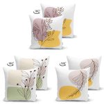 3'lü Çift Taraflı Beyaz Zeminli Renkli Onedraw Çizimli Yaprak Desenli Modern Süet Yastık Kılıf Seti Realhomes