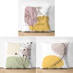 3'lü Çift Taraflı Beyaz Zeminli Renkli Onedraw Çizimli Yaprak Desenli Modern Süet Yastık Kılıf Seti Realhomes