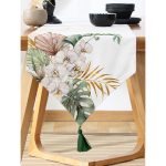 - UcgenRunner-10001-Gorsel-1 - Realhomes  Tropik Yaprak Motifli Dijital Baskılı Dekoratif Püsküllü Şönil Üçgen Runner Realhomes