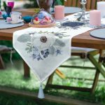 - UcgenRunner-10071-Gorsel - Realhomes  Pastel Mavi Gül Desenli Dijital Baskılı Dekoratif Püsküllü Şönil Üçgen Runner Realhomes