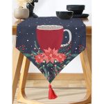 - UcgenRunner-10102-Gorsel-1 - Realhomes  Lacivert Zemin Kırmızı Bardak Desenli Dijital Baskılı Modern Püsküllü Şönil Üçgen Runner Realhomes