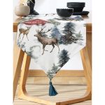 - UcgenRunner-10121-Gorsel-1 - Realhomes  Kar Zeminli Geyik & Çam Ağacı Tasarımlı Dijital Baskılı Dekoratif Püsküllü Şönil Üçgen Runner Realhomes