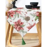 - UcgenRunner-10134-Gorsel-1 - Realhomes Kırmızı Gül & Kozalak Tasarımlı Dijital Baskılı Modern Püsküllü Şönil Üçgen Runner Realhomes