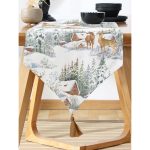 Kış Temalı Bağ Evi & Geyik Tasarımlı Dijital Baskılı Modern Püsküllü Şönil Üçgen Runner Realhomes