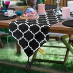 - UcgenRunner-2024-Gorsel - Realhomes  Realhomes Siyah Zemin Ogea Desenli Dijital Baskılı Özel Tasarım Püsküllü Şönil Üçgen Runner Realhomes