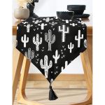 Realhomes Siyah Beyaz Kaktüs Baskılı Dekoratif Özel Tasarım Püsküllü Şönil Üçgen Runner Realhomes