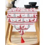 Realhomes Geyik ve Çam Ağaçları Baskılı Dekoratif Özel Tasarım Püsküllü Şönil Üçgen Runner Realhomes