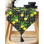 Realhomes Siyah Zeminde Ekose Desenli Limon Baskılı Dekoratif Püsküllü Şönil Üçgen Runner Realhomes