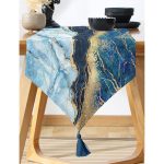 - UcgenRunner-3126-Gorsel-1 - Realhomes  Realhomes Altın Varaklı Mavi Zeminli Modern Özel Tasarım Püsküllü Şönil Üçgen Runner Realhomes