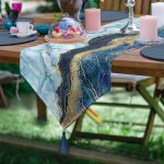 - UcgenRunner-3126-Gorsel - Realhomes  Realhomes Altın Varaklı Mavi Zeminli Modern Özel Tasarım Püsküllü Şönil Üçgen Runner Realhomes