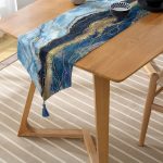 - UcgenRunner-3126-Gorsel-2 - Realhomes  Realhomes Altın Varaklı Mavi Zeminli Modern Özel Tasarım Püsküllü Şönil Üçgen Runner Realhomes