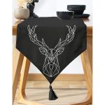 Realhomes Siyah Zeminli Geometrik Geyik Çizimli Modern Özel Tasarım Püsküllü Şönil Üçgen Runner Realhomes