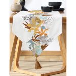 Beyaz Zeminde Mavi Ve Turuncu Yaprak Desenli Püsküllü Şönil Üçgen Runner Realhomes