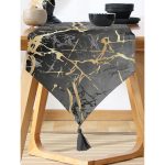 Realhomes Siyah Zeminde Gold Renkli Çizim Desenli Dijital Baskılı Özel Tasarım Püsküllü Şönil Üçgen Runner Realhomes