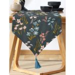 Realhomes Siyah Zemin Üzerinde Rengarenk Çiçek Desenli Dijital Baskılı Özel Tasarım Püsküllü Şönil Üçgen Runner Realhomes