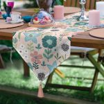 Realhomes Pudra Zemin Üzerinde Çiçek Desenli Dijital Baskılı Özel Tasarım Püsküllü Şönil Üçgen Runner Realhomes