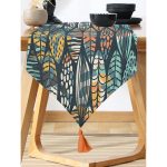 Realhomes Siyah Zemin Üzerinde Yaprak Desenli Dijital Baskılı Özel Tasarım Püsküllü Şönil Üçgen Runner Realhomes