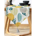 - UcgenRunner-7307-Gorsel-1 - Realhomes  Realhomes Beyaz Zemin Üzerinde Yaprak Desenli Dijital Baskılı Özel Tasarım Püsküllü Şönil Üçgen Runner Realhomes