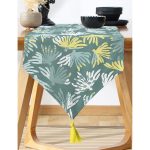 Realhomes Renkli Zemin Üzerinde Onedraw Çizimli Yaprak Motifli Dijital Baskılı Özel Tasarım Püsküllü Şönil Üçgen Runner Realhomes