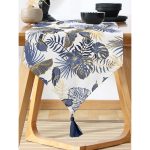 Realhomes Beyaz Zemin Üzerinde Gold Detaylı Yaprak Desenli Dijital Baskılı Özel Tasarım Püsküllü Şönil Üçgen Runner Realhomes