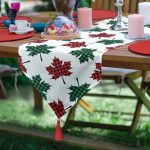 Realhomes Beyaz Zemin Üzerinde Ekoseli Sonbahar Yaprak Desenli Dijital Baskılı Özel Tasarım Püsküllü Şönil Üçgen Runner Realhomes