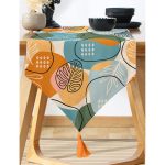 Realhomes Renkli Zemin Üzerinde Onedraw Çizimli Yaprak Desenli Dijital Baskılı Özel Tasarım Püsküllü Şönil Üçgen Runner Realhomes