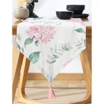 - UcgenRunner-8928-Gorsel-1 - Realhomes  Realhomes Beyaz Zeminli Yeşil Yapraklı Ortanca Çiçek Dijital Baskılı Özel Tasarım Püsküllü Şönil Üçgen Runner Realhomes