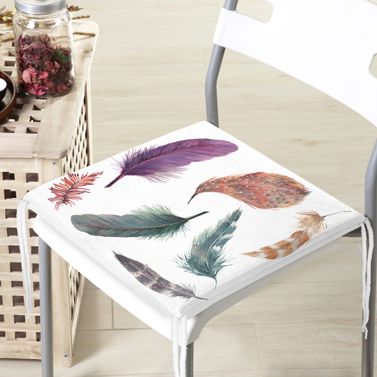 Kuş Tüyü Desenli Dekorati Kare Sandalye Minderi Realhomes