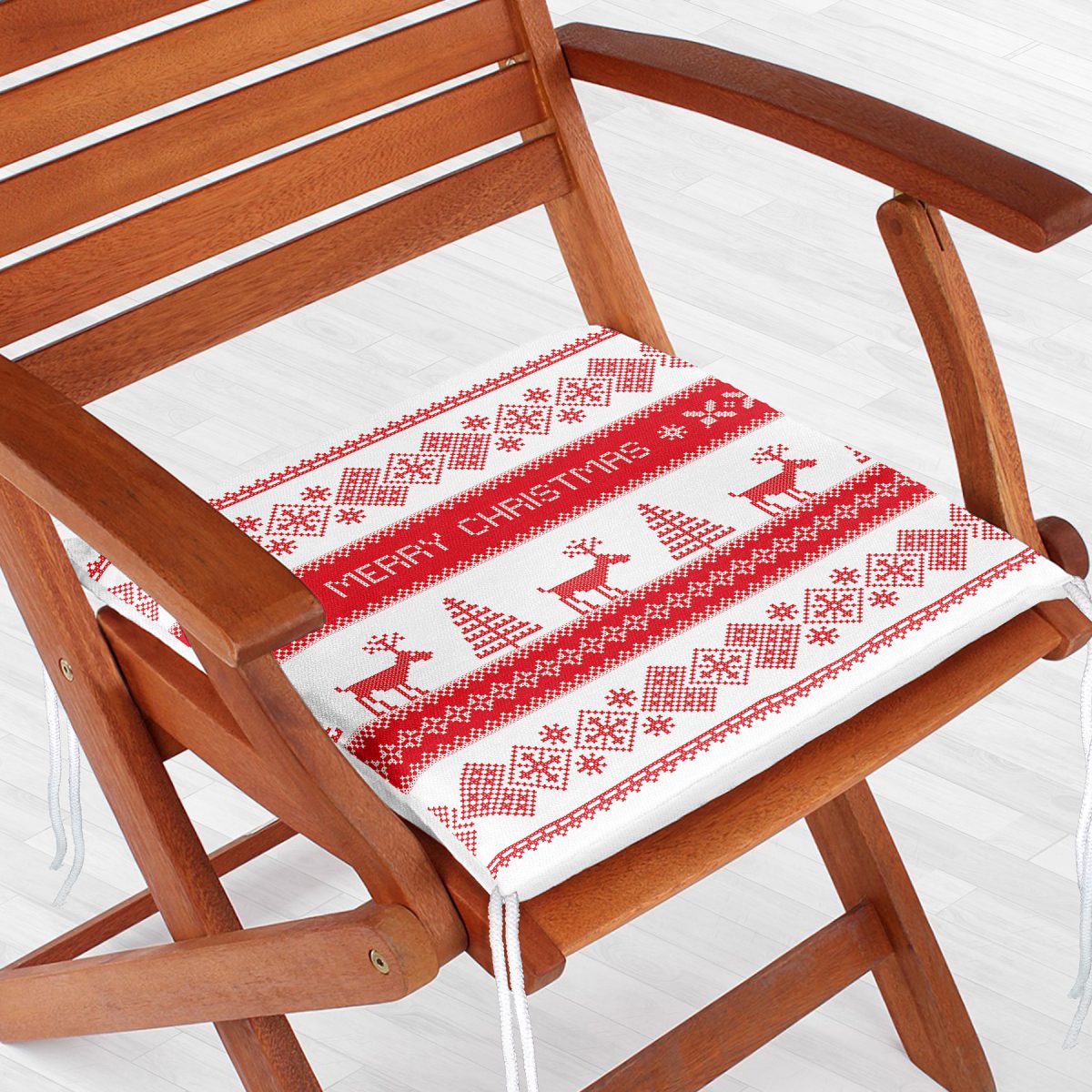 Merry Christmas Kanaviçe Görünümlü Geyikler Baskılı Fermuarlı Sandalye Minderi Realhomes