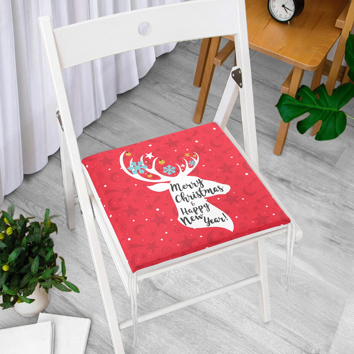 Merry Christmas Geyik Desenli Dekoratif Fermuarlı Sandalye Minderi Realhomes