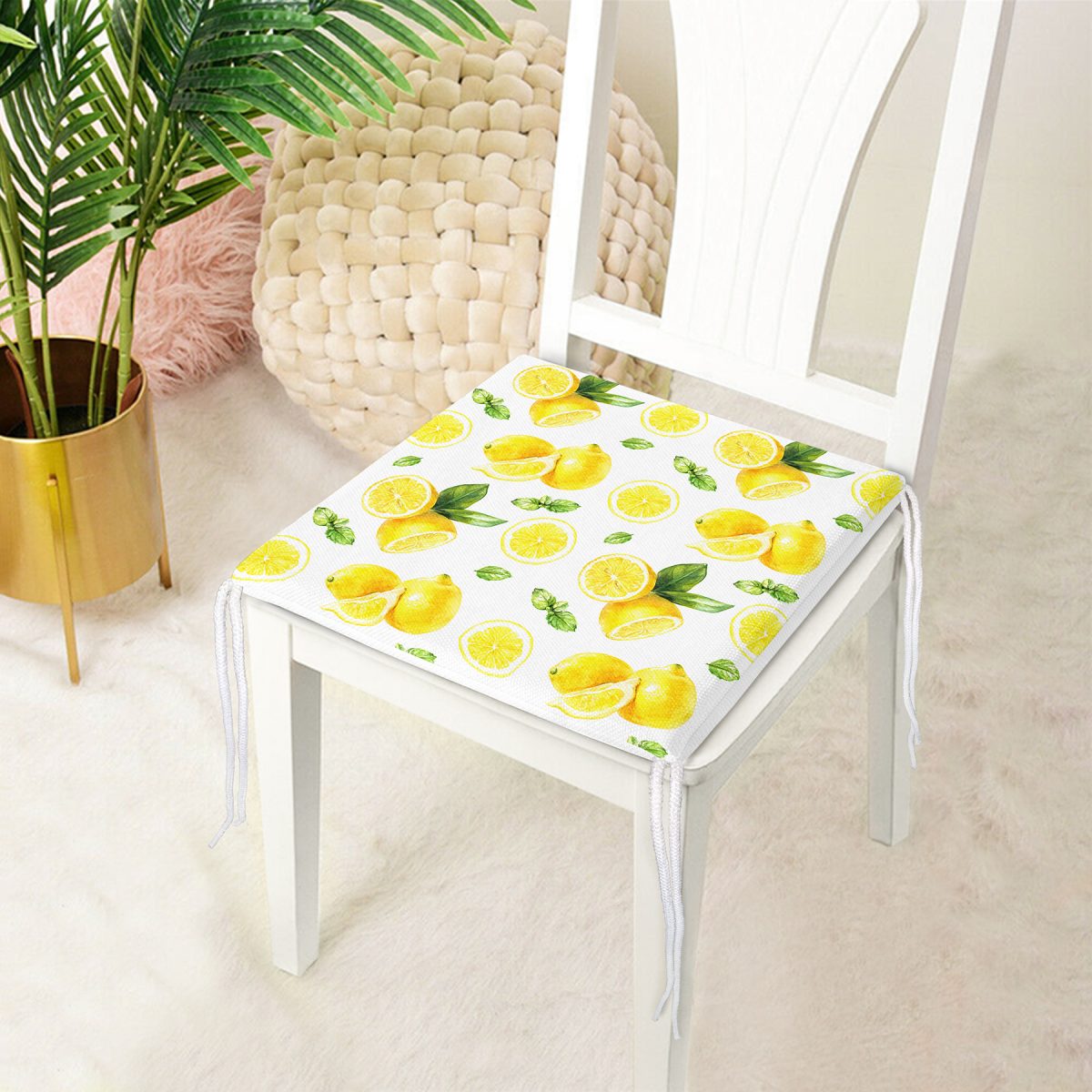 Beyaz Zeminde Limonlar Desenli Dijital Baskılı Fermuarlı Sandalye Minderi Realhomes