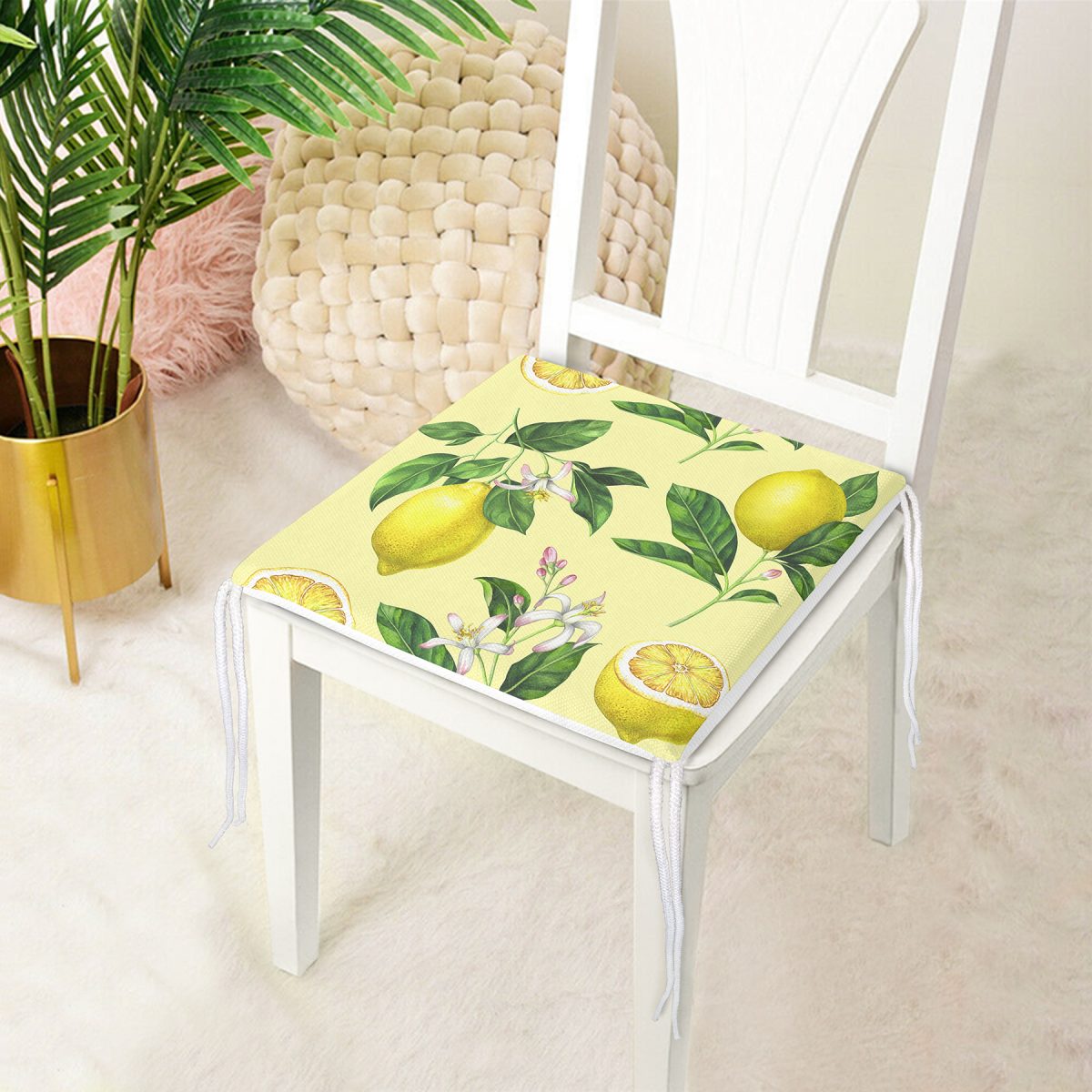 Krem Zeminli Limon Desenli Dekoratif Fermuarlı Sandalye Minderi Realhomes