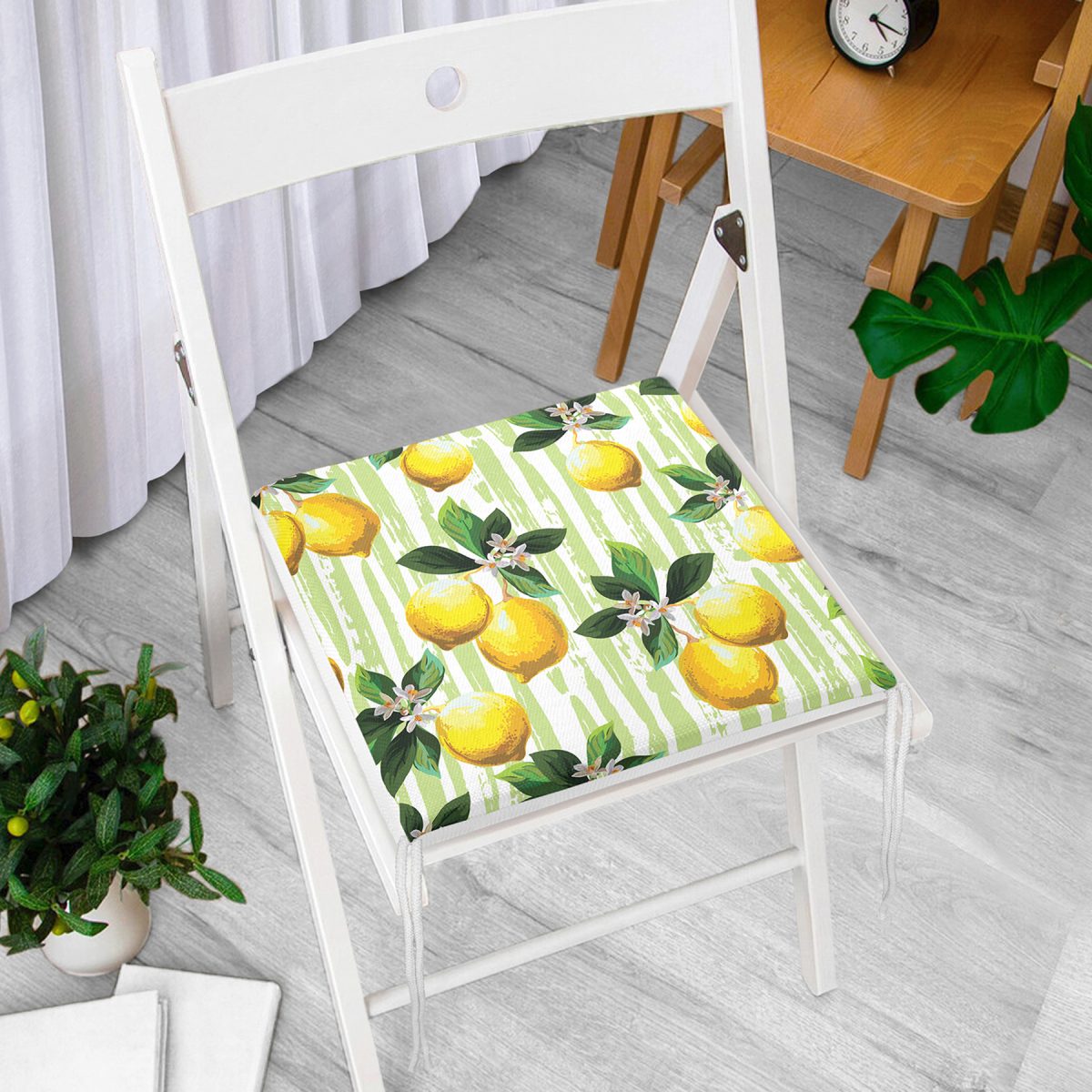 Yeşil Zeminli 3 Boyutlu Limon Desenli Dijital Baskılı Fermuarlı Sandalye Minderi Realhomes