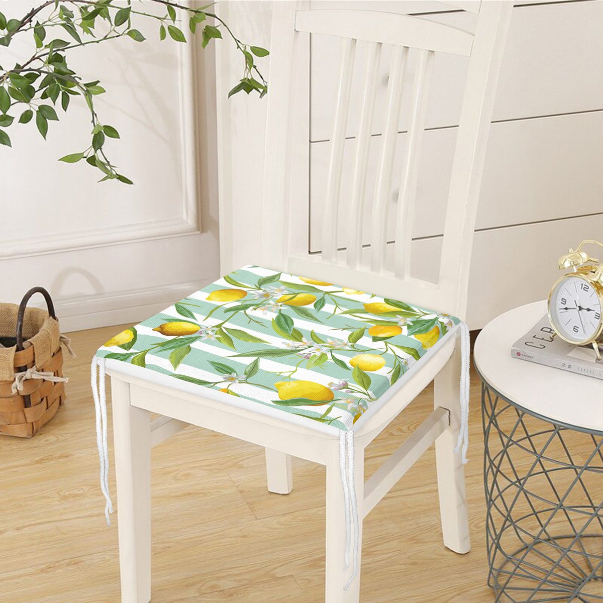 Yeşil Çizgili Limon Desenli Dijital Baskılı Dekoratif Fermuarlı Sandalye Minderi Realhomes