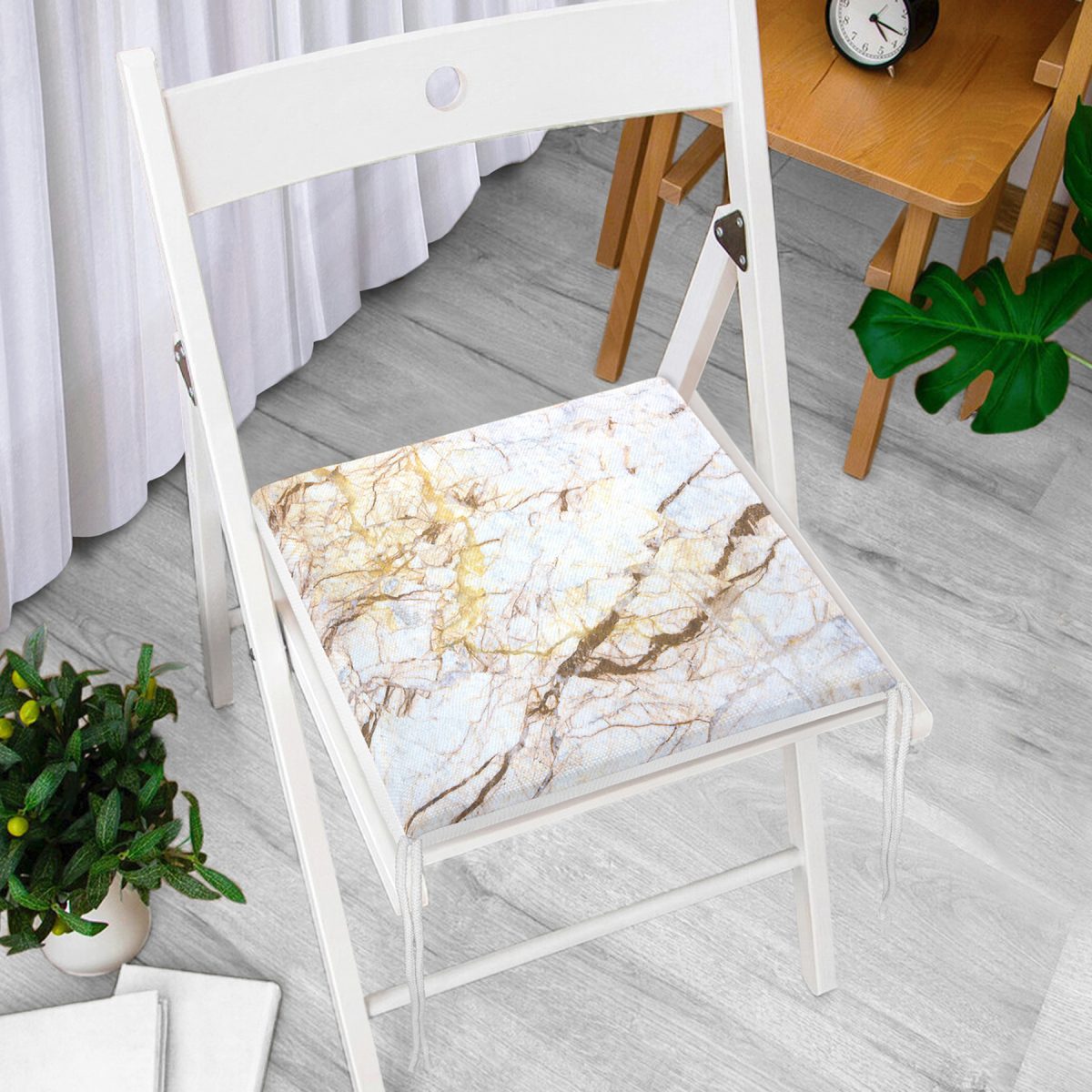 Beyaz Mermer Desenli Dijital Baskılı Fermuarlı Sandalye Minderi Realhomes