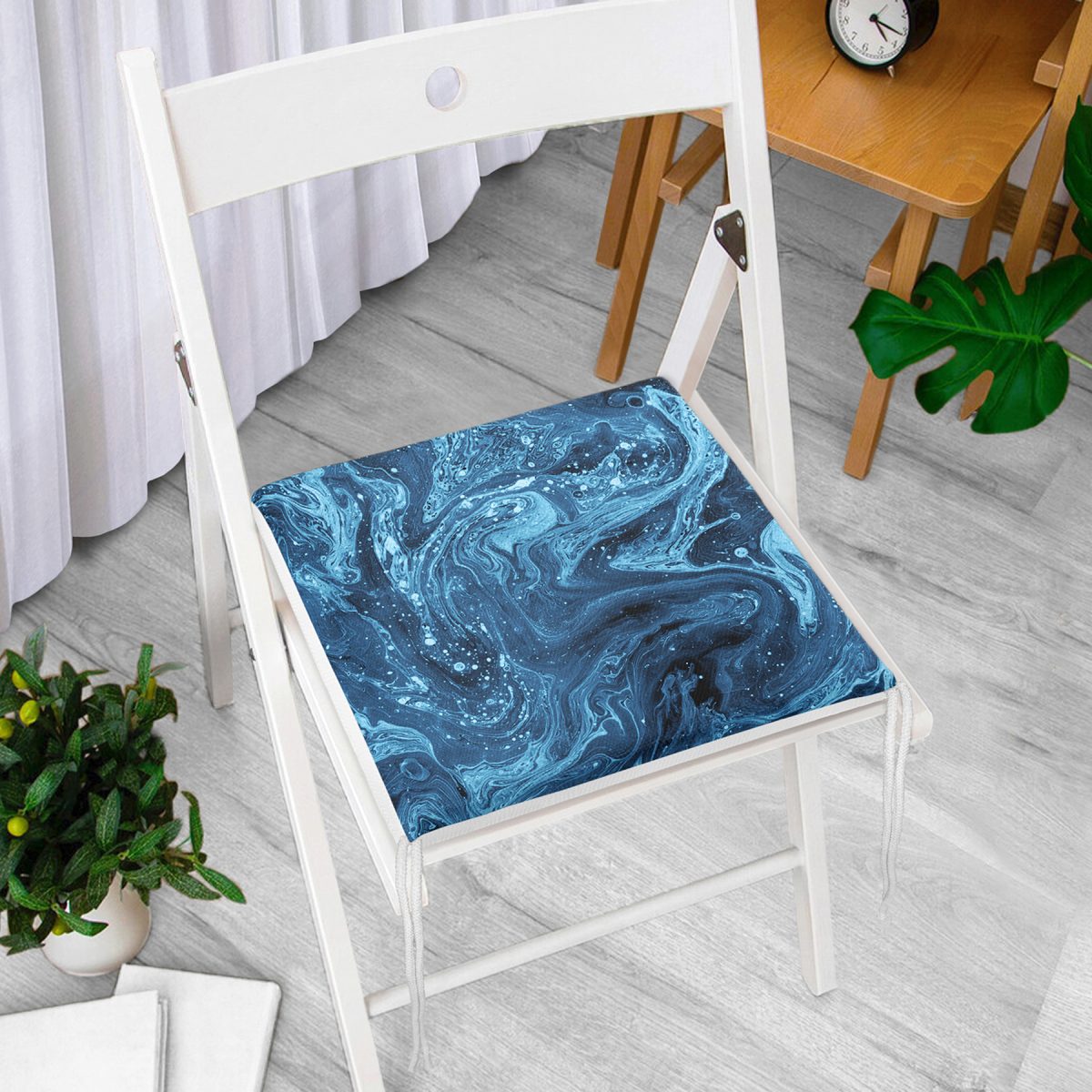 Mavi Ebru Motifleri Dijital Baskılı Fermuarlı Sandalye Minderi Realhomes