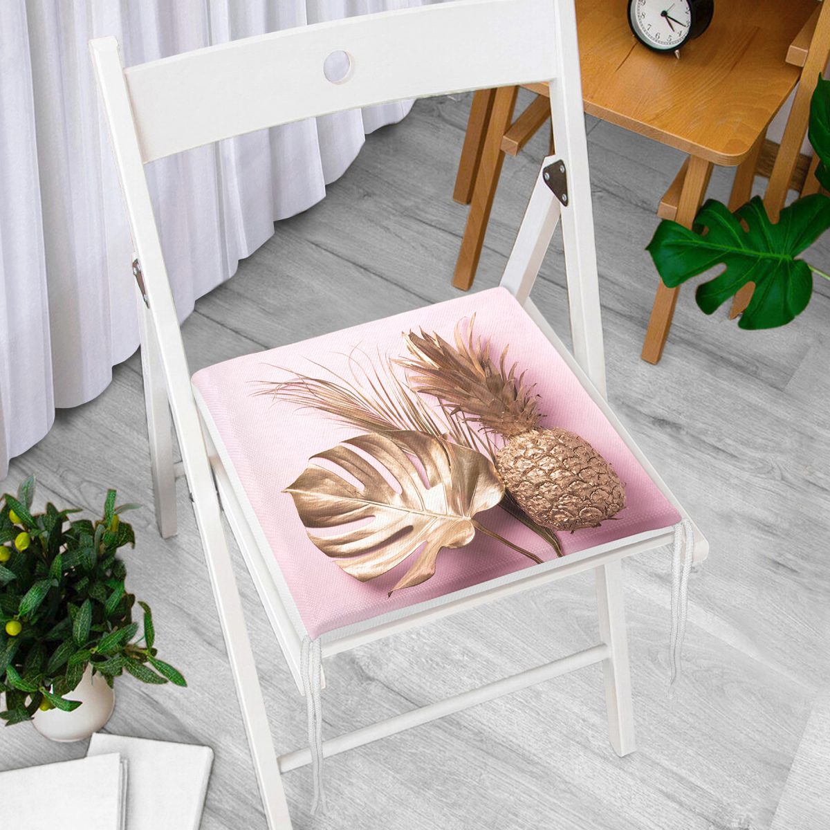 3D Yaprak ve Ananas Desenli Özel Tasarım Fermuarlı Sandalye Minderi Realhomes