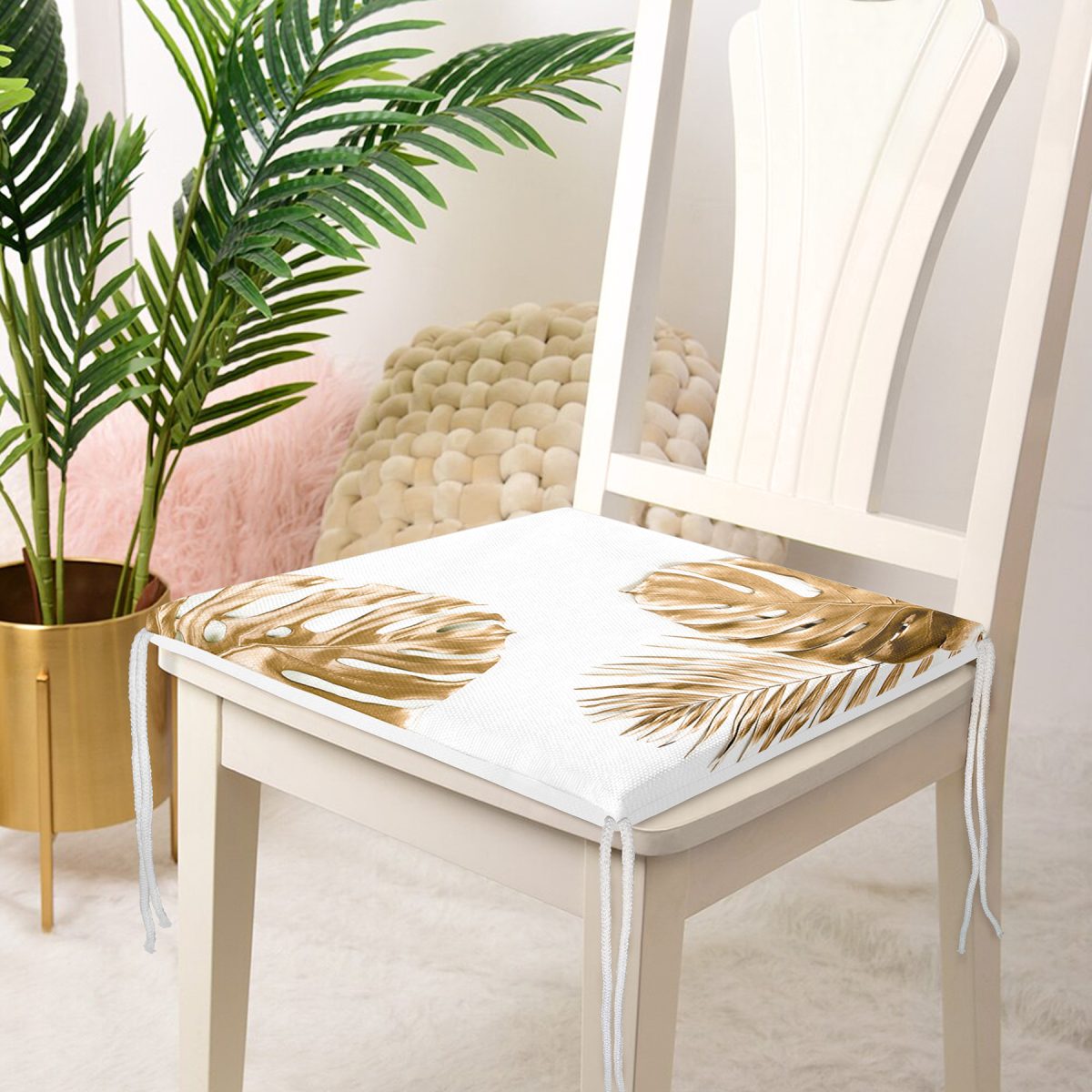 3D Altın Renkli Palmiye Yaprakları Desenli Dekoratif Fermuarlı Sandalye Minderi Realhomes