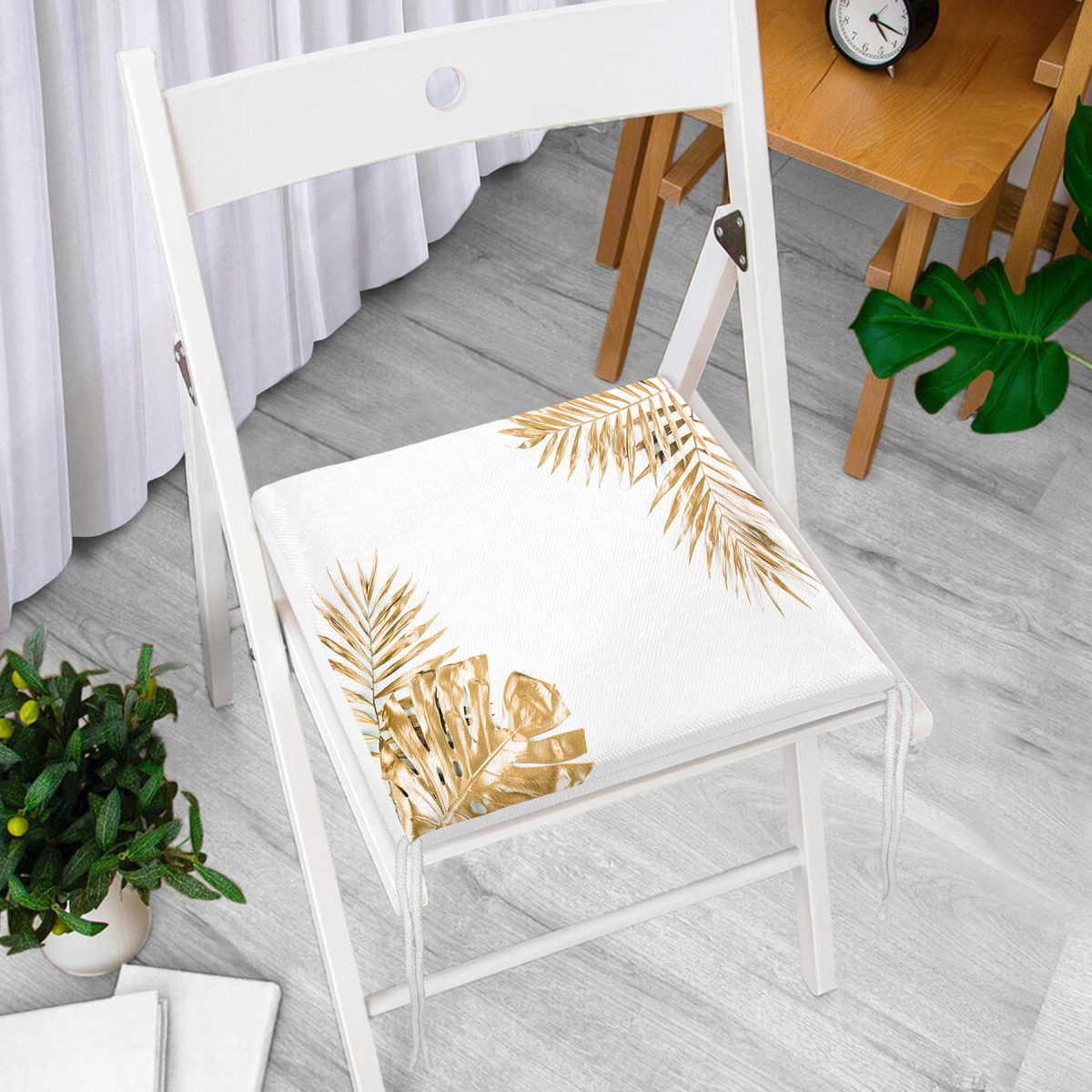 3D Altın Renkte Yapraklar Temalı Modern Fermuarlı Sandalye Minderi Realhomes