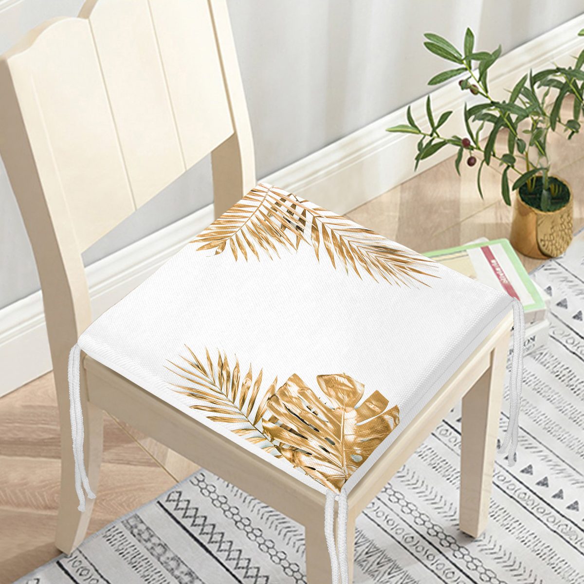 3D Altın Renkte Yapraklar Temalı Modern Fermuarlı Sandalye Minderi Realhomes