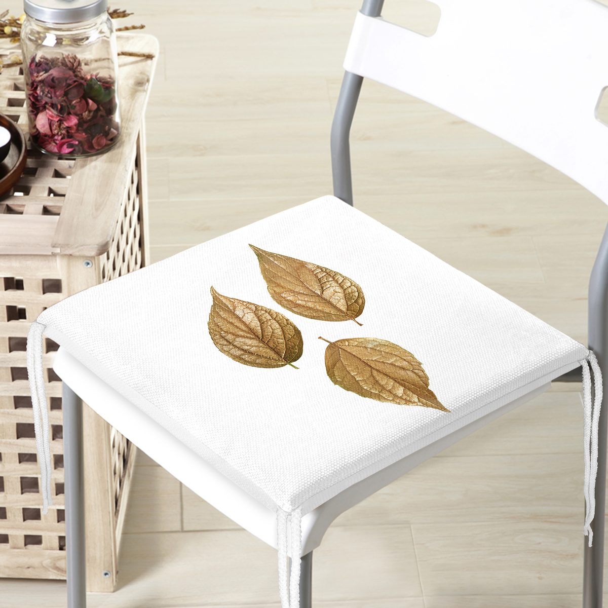 3D Altın Yapraklar Özel Tasarımlı Modern Fermuarlı Sandalye Minderi Realhomes