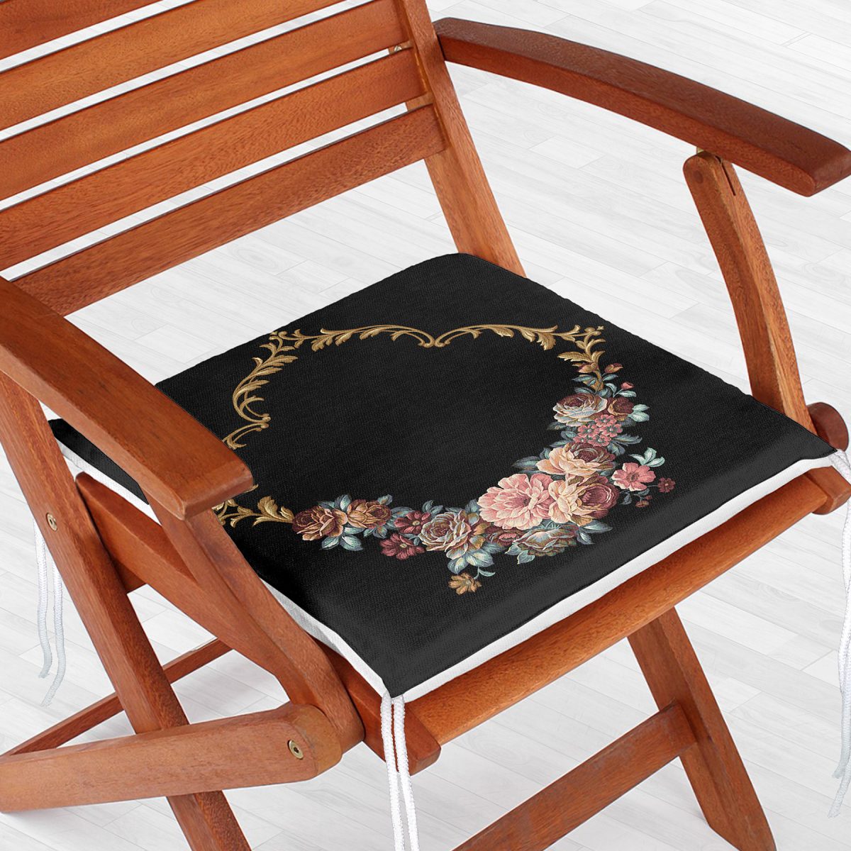 Siyah Zeminde Otantik Çiçekler Özel Tasarım Fermuarlı Sandalye Minderi Realhomes