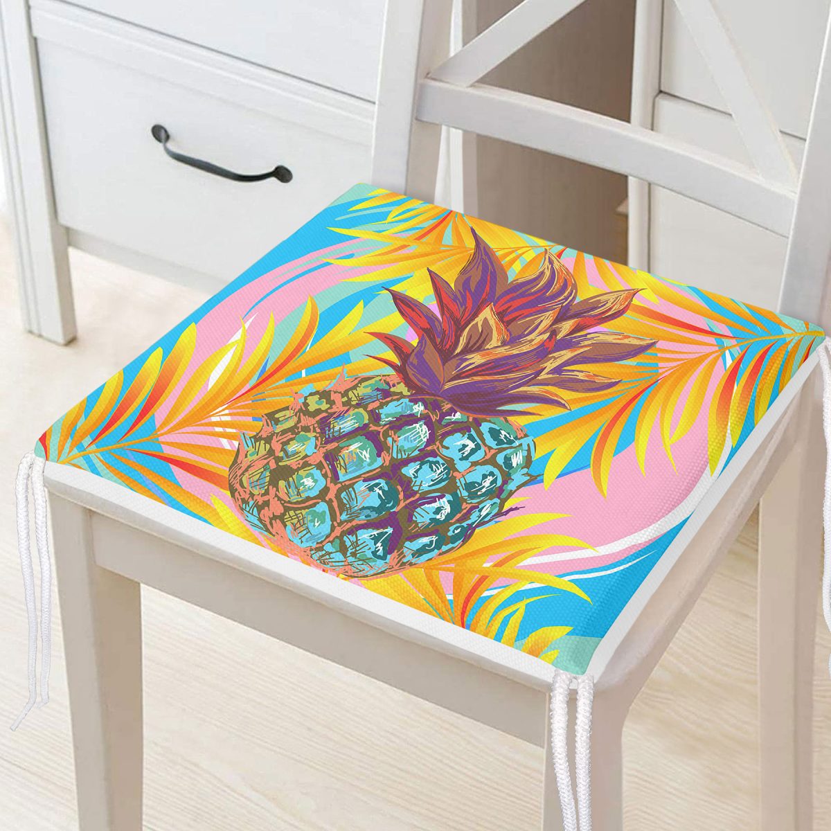 Renkli Yaprak Zeminli Ananas Detaylı Modern Fermuarlı Sandalye Minderi Realhomes