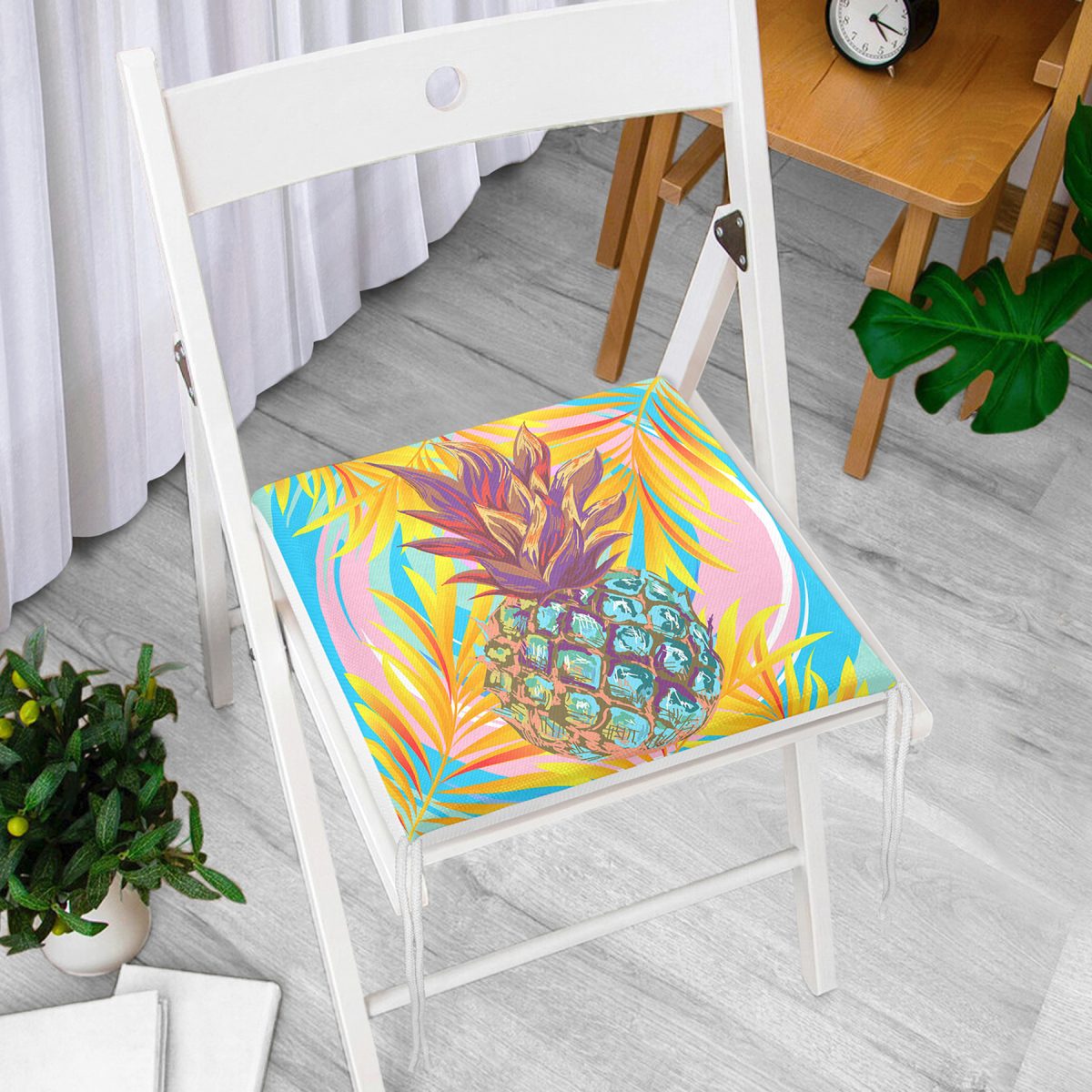 Renkli Yaprak Zeminli Ananas Detaylı Modern Fermuarlı Sandalye Minderi Realhomes