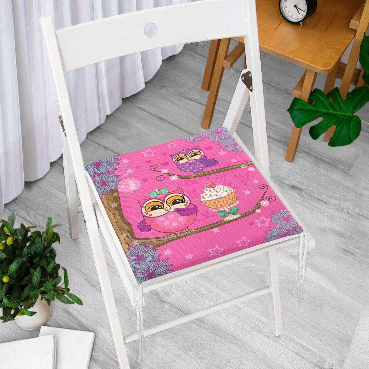 Çocuk Odası Pembe Baykuş Tasarımlı Fermuarlı Sandalye Minderi Realhomes