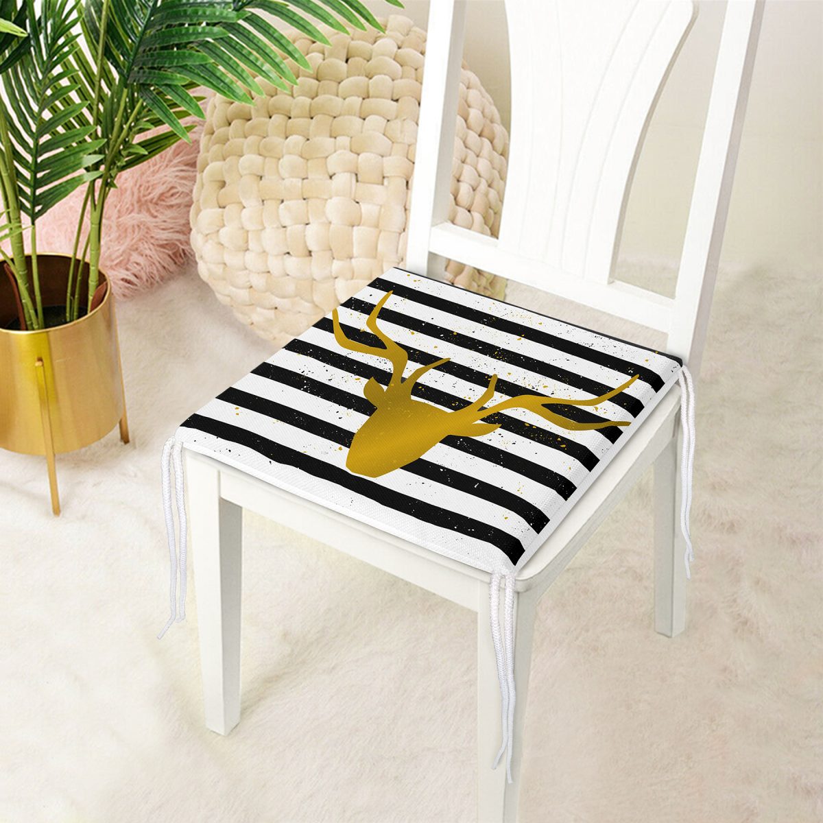 Çizgili Gold Geyik Desenli Modern Fermuarlı Sandalye Minderi Realhomes